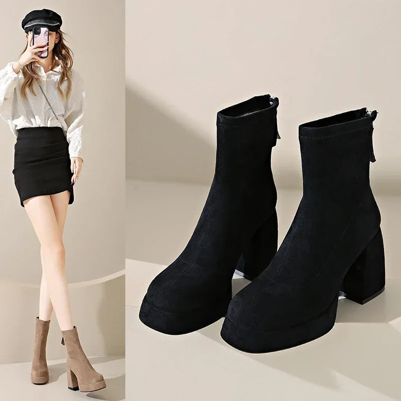 2024 Women's Fashion High-heeled Boots Winter New British Style Soft Sole Anti-slippery  Versatile Keep Warm Leather Shoes boots_platform