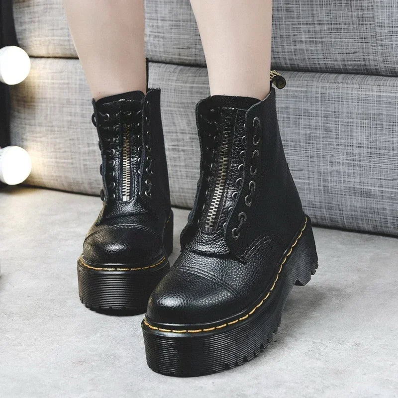 Women Boots Genuine Leather Platform Boots Motorcycle Shoes Front Zipper Optical Soles Fashion Sexy Punk Men Winter Boots 35-44 boots_platform