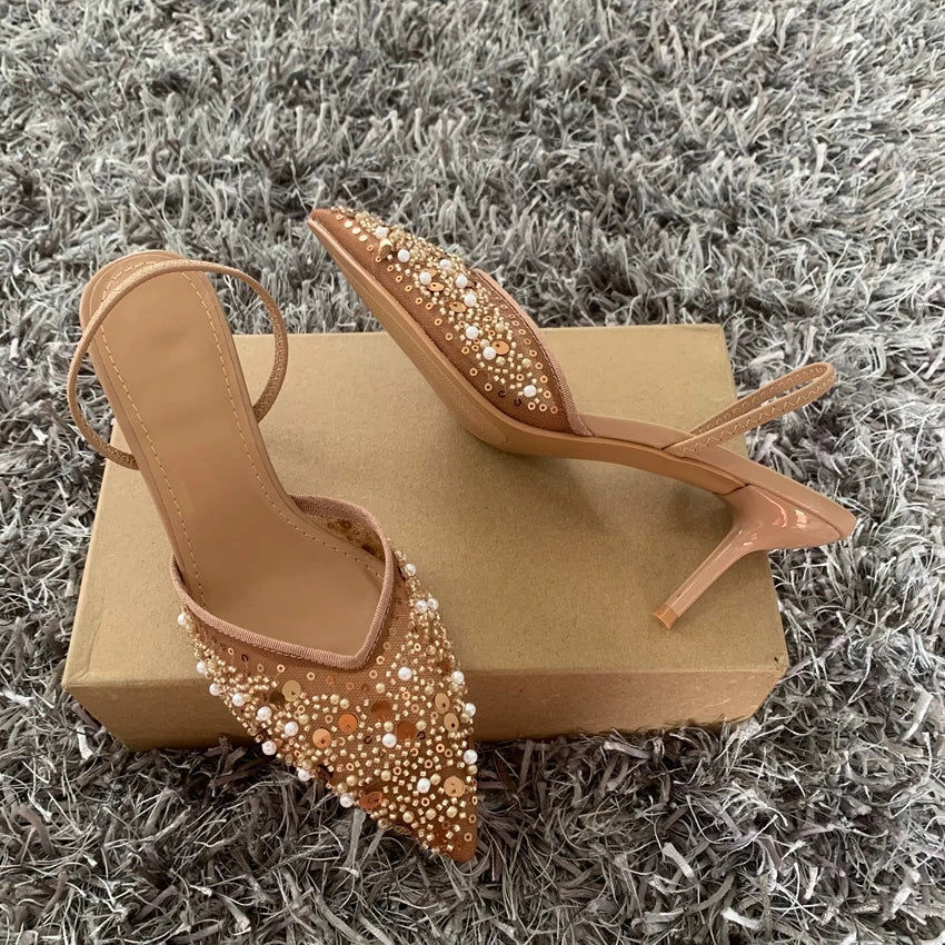 Fashion High Heeled Formal Party Shoes for Lady Luxury Sequin Pearl Stiletto Elengat Mesh Slingbacks Women Modern Sandals heels_stiletto