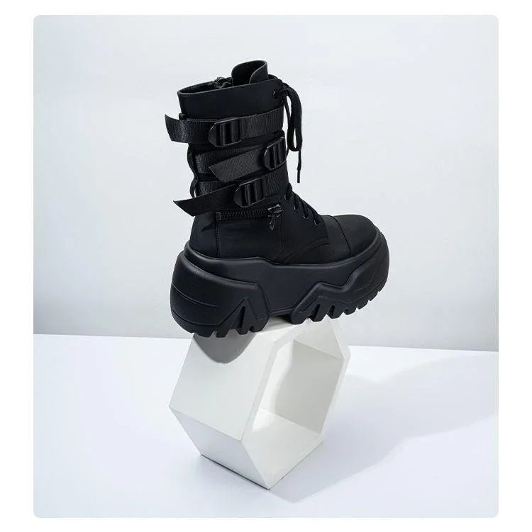 Women Ankle Booties Autumn Leather Chunky Shoes Woman High Platform Breathable Sneakers 9CM Thick Sole Wedges Motorcycles boots_platform