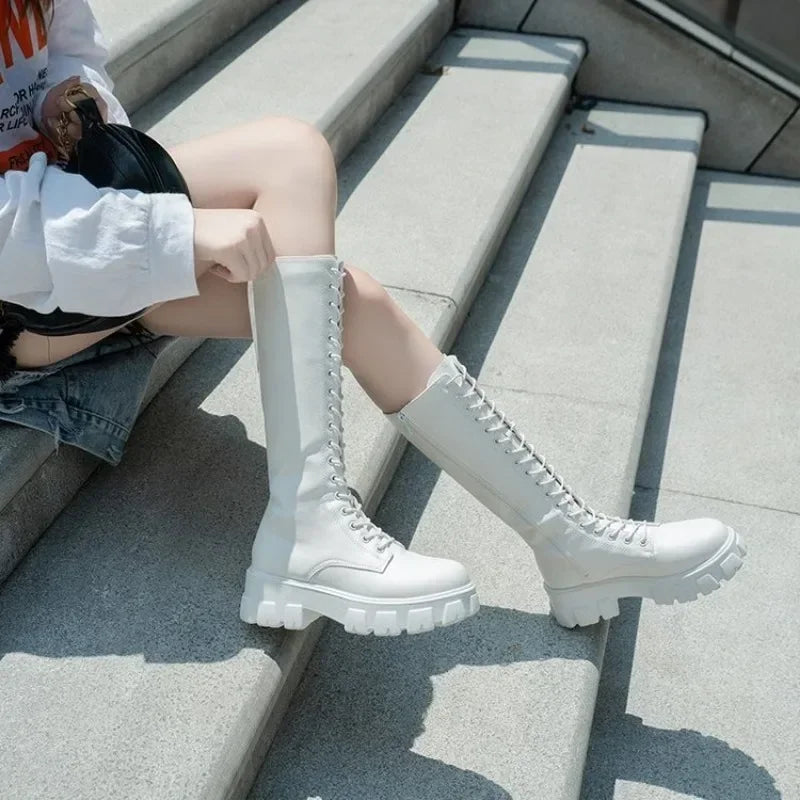 Women's Mid Calf Boots Padded Shoes Knee High Winter Sneakers Punk Style Military Casual White Black 2024 Lucury Platform Woman boots_platform