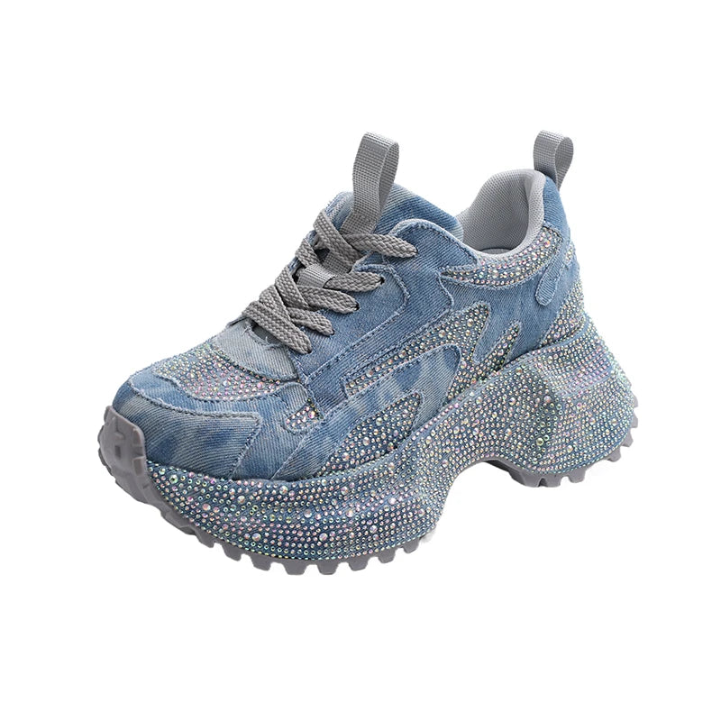 Rhinestone Cover Thick Sole Denim Canvas Sneaker Woman Bling Rivet Chunky Daddy Shoe Ladies Luxury Brand Design Crystal Zapatos sneakers_platformis sneakers_luxury
