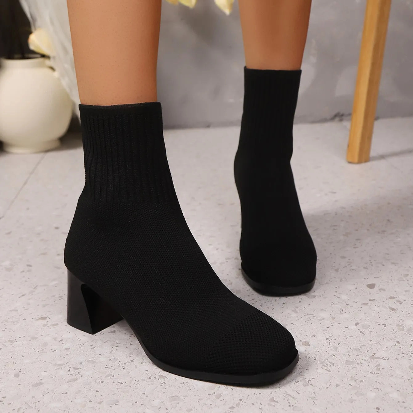 Women Boots Pointed Toe Slip on Mid-Calf Boots Spring Autumn Knitted Socks Boots Women High Heels Plus Size Fashion Shoes Women boots_highheel