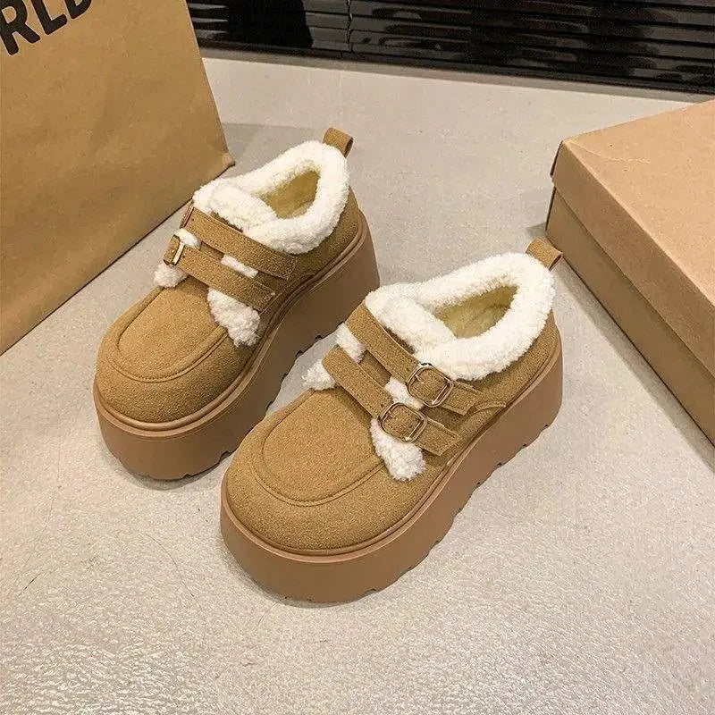 Low Cut Furry Snow Boots Women's Thick Heel Wedge Slippers Korean Style Flat Shoes Cotton Lined Winter Fashion Boots sneakers_platform