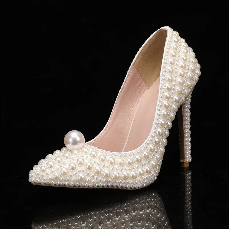Luxury All perals Decoration White Women Pumps Fashion Spring Autumn Elegant 11CM Thin High heels Wedding Bridal Prom Shoes heels_bridal