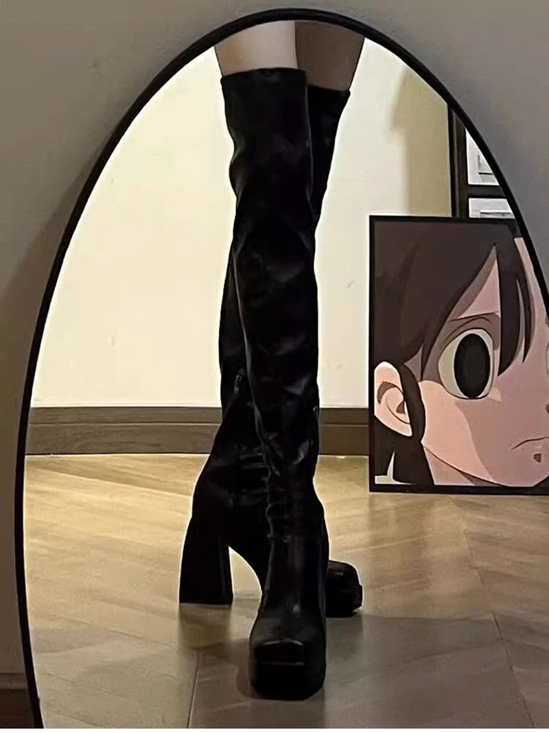 Autumn Winter Street Style Stretch Over The Knee Boots Women Fashion Round Toe Square Platform Heels Long Booties boots_platform
