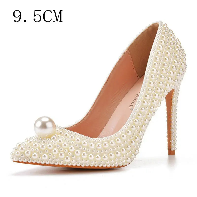 11cm Pearl Wedding Shoes Thin Heel Pointed Single Shoe Large Size Women's Shoes Bride Shoes Dinner Women's Pumps heels_bridal