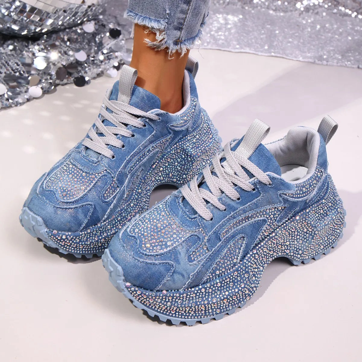 RYAMAG Rhinestone Denim Platform Sneakers for Women Bling Chunky Trainers Lace-up Casual Walking Shoes sneakers_platform sneakers_luxury