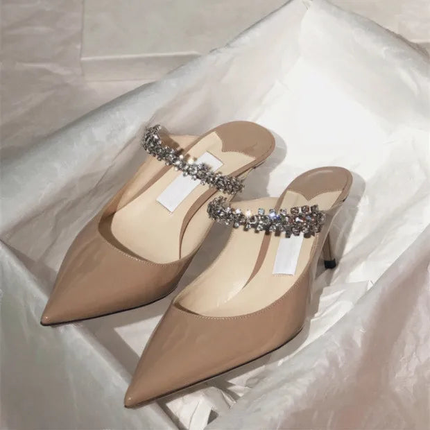 2025 Summer New High-heeled Stiletto Pointed Rhinestone Slippers Women's Outer Wear One-word with Baotou Half Drag Muller Shoes heels_bridal