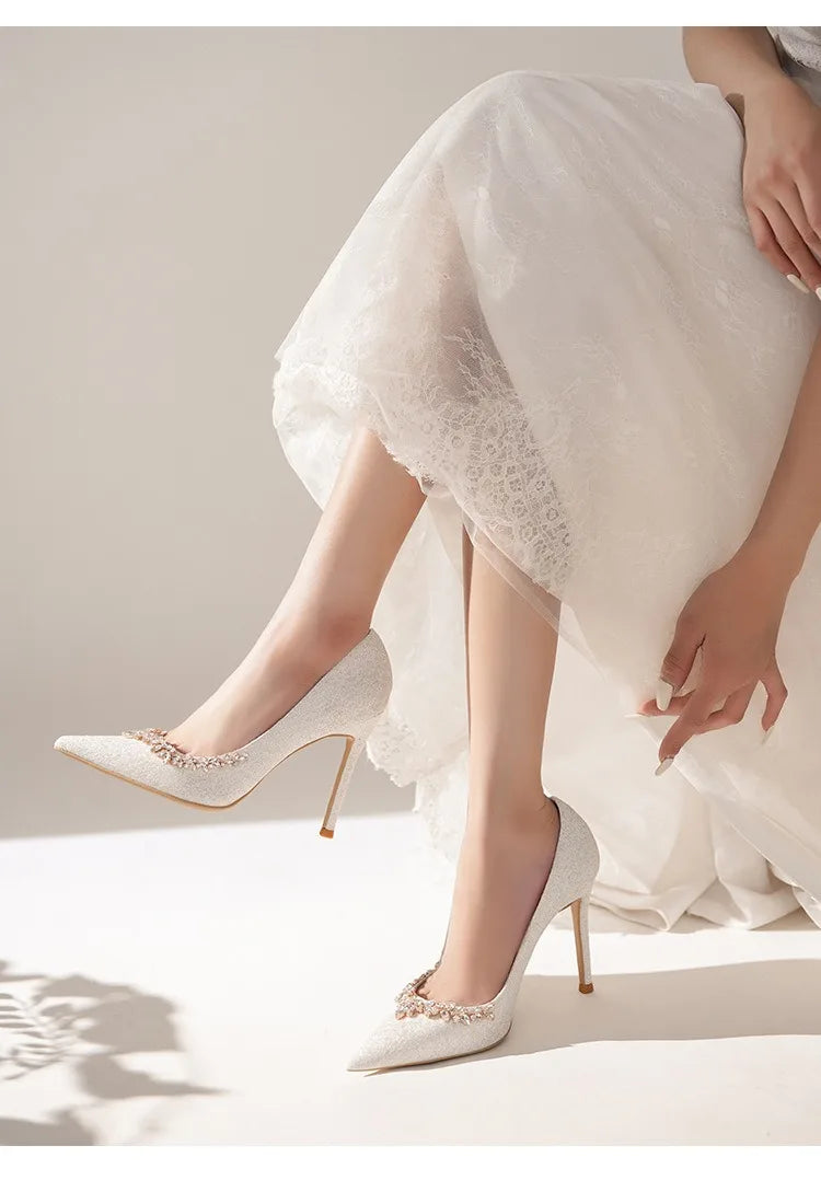 2025 New French Stiletto Heels Pointy Head Shallow Mouth Shoes Rhinodiamond-Edged Korean Version White Crystal Wedding Pumps heels_stiletto