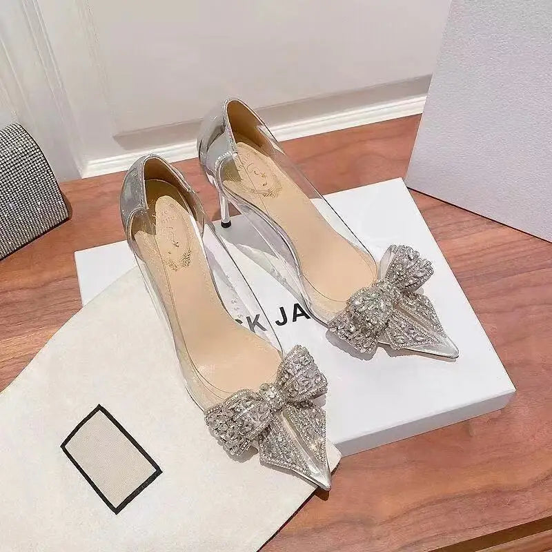 Pointed toe stiletto women's high heels women's shoes fashion women's shoes wedding shoes high heel 8cm transparent bow gemstone heels_stiletto