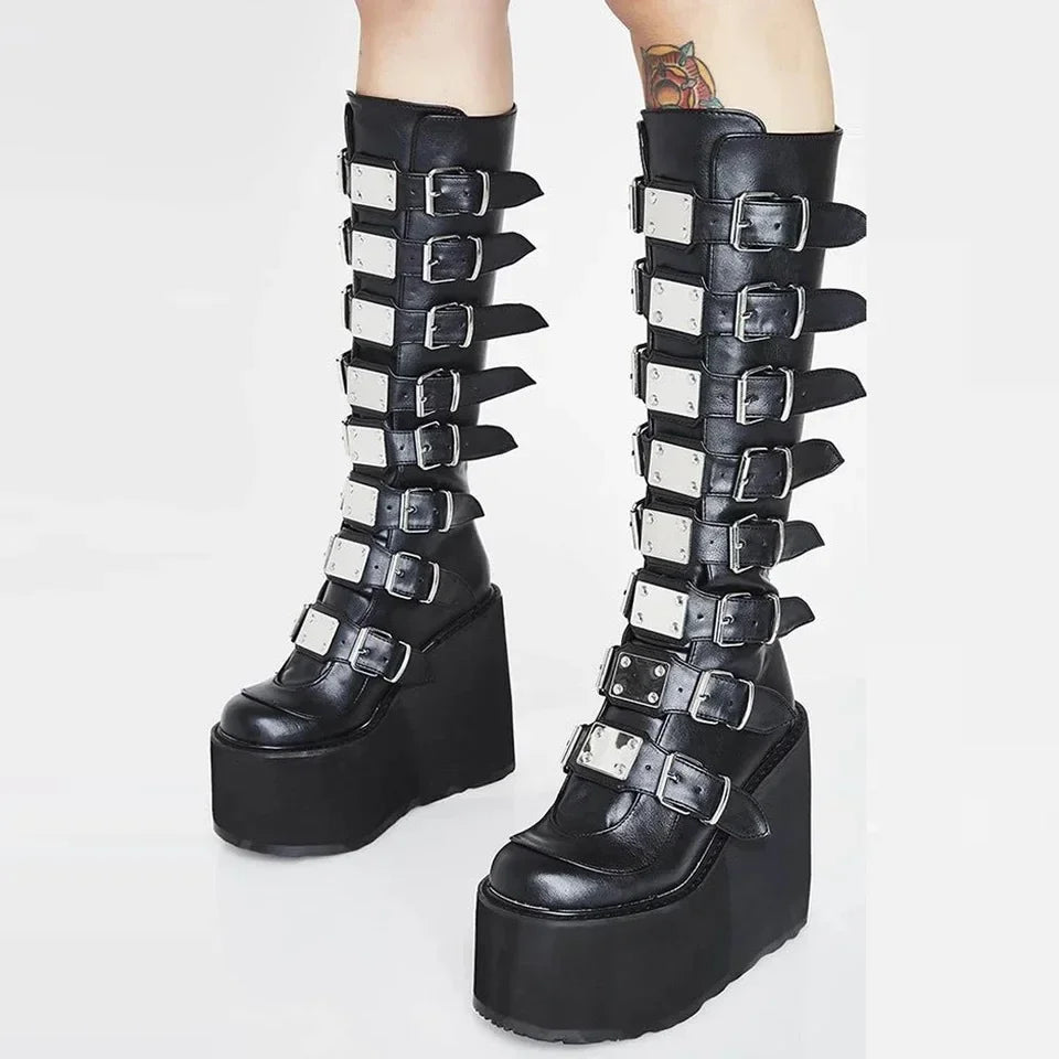 Women Boots Cosplay Ladies High Heel Platform Wedges Women High Boots Gothic Buckle Strap Long Tube Leather Female Boots Plus Si boots_platform