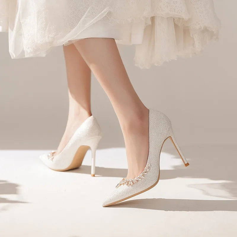 2025 New French Stiletto Heels Pointy Head Shallow Mouth Shoes Rhinodiamond-Edged Korean Version White Crystal Wedding Pumps heels_stiletto