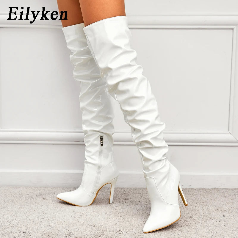 Eilyken Red Women Over The Knee Boots High Heels Patent Leather Solid Pointed Toe Stiletto Side Zipper Sapatos Femininos boots_highheel
