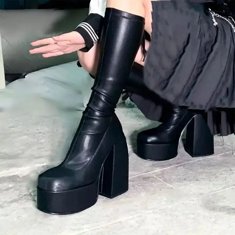 Autumn/Winter Square Headed Thick High Heels Knee-High Elastic Boots for Womens on Platform Black Knight Boot Sexy Party Pumps boots_platform