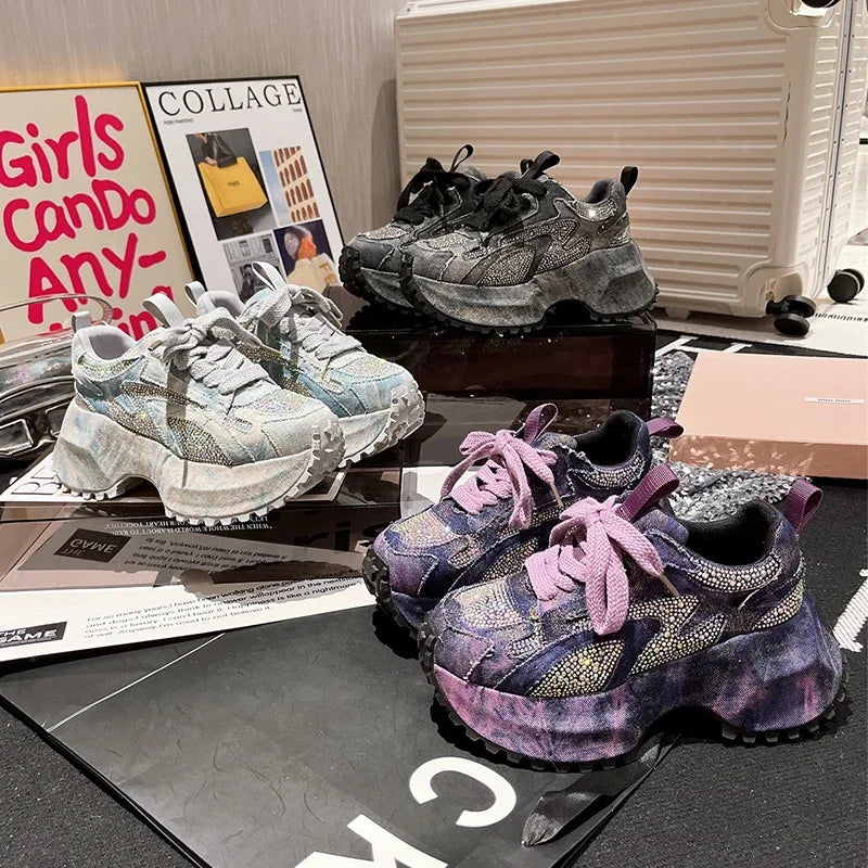 Women's Sneaker Crystal Platform High Heels Sport Shoes 2025 Autumn Luxury New Lace Up Running Hiking Shoes Casual Mujer Zapatos sneakers_platform