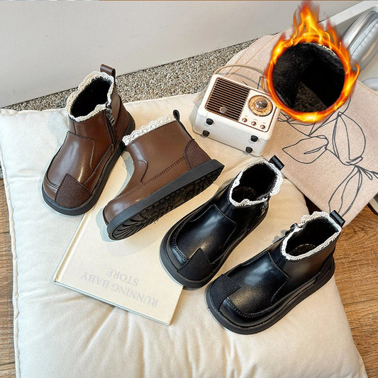 Lolita Style Baby Girls Short Boots Patch Patent Leather Girls Wedge Shoes Lace Flower Bordered Winter School Shoes Child H09241 kids_shoes