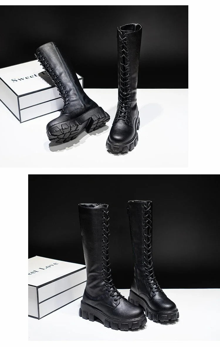 Women's Mid Calf Boots Padded Shoes Knee High Winter Sneakers Punk Style Military Casual White Black 2024 Lucury Platform Woman boots_platform