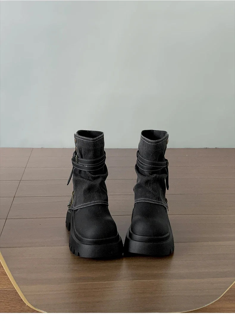 Winter Punk Style Women Pipe Ankle Boots Fashion Belt Buckle Shoes Ladies Concise Platform Heel Short Booties Zapatos De Mujer boots_platform