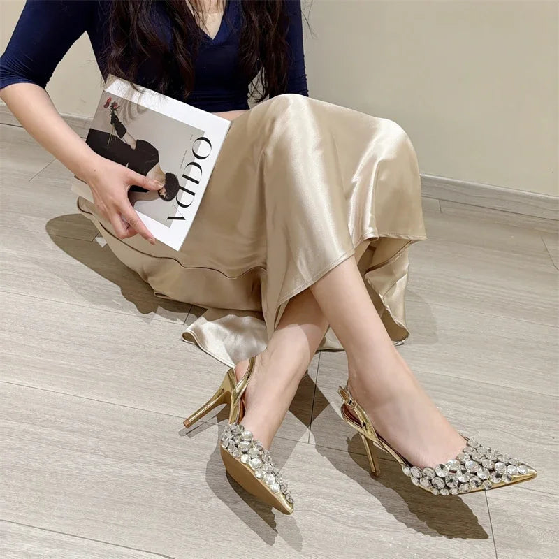 Aneikeh Fashion Stiletto Pumps Summer Silvery Rhinestone Hollow Strap High-heeled Sandals Women Wedding Banquet Shoes heels_stiletto