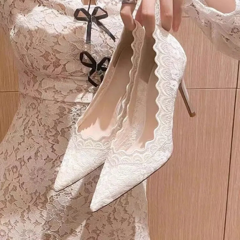 White Wedding Shoes Bridal Shoes Design Sense Niche Lace Pointed Stiletto Heel Shallow French High Heels Female Temperament heels_stiletto