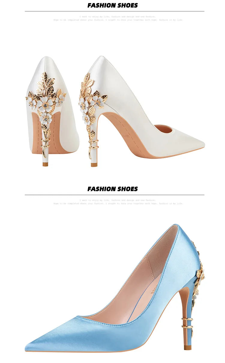 2025 New Metal Flower Women Pumps Designer Shoes High Heels Women Satin Stiletto Heels 10 Cm Sexy Wedding Shoes Plus Size 41 heels_stiletto