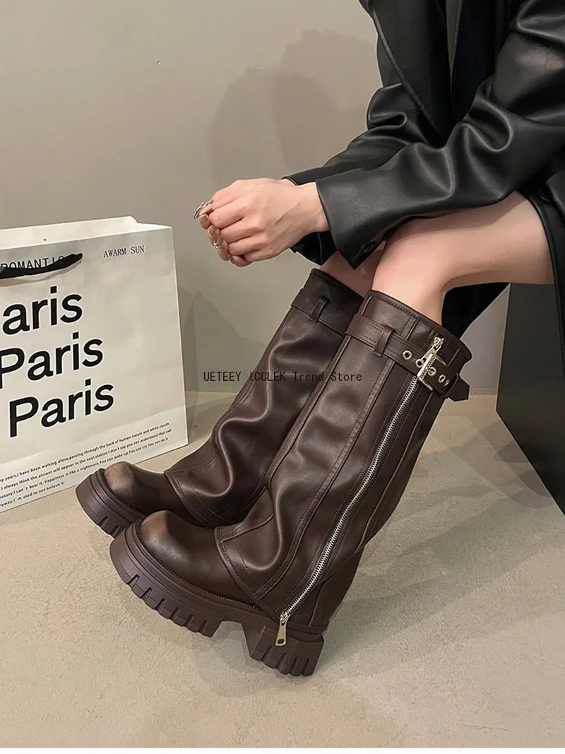 Winter Women Biker Boots Fashion Belt Buckle Ladies Elegant Platform Long Pipe Booties Casual Women's Knee High Booties boots_platform