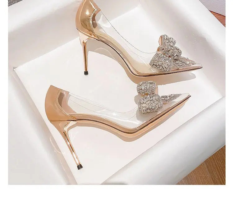 Pointed toe stiletto women's high heels women's shoes fashion women's shoes wedding shoes high heel 8cm transparent bow gemstone heels_stiletto