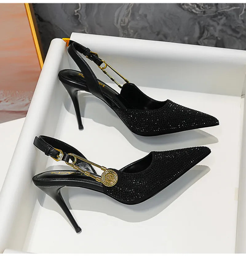 Women Shoes Luxury Rhinestones Sequined Buckle High Heels Elegant Pointed Toe Slingbacks Stiletto Shoes for Women Fashion Shoes heels_stiletto