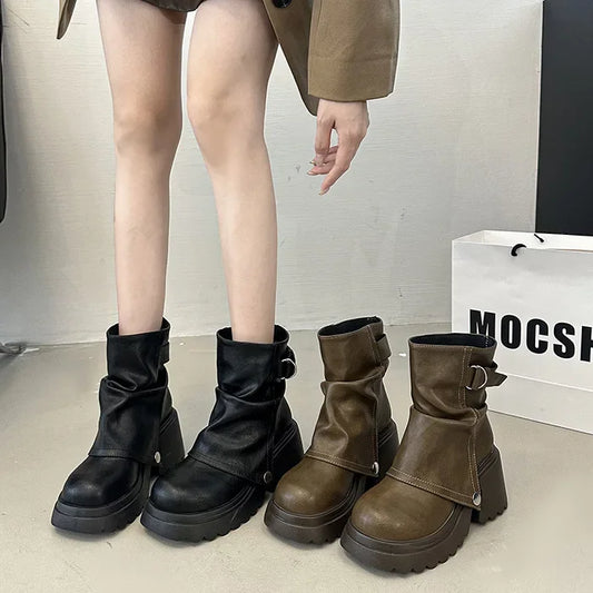 2025 New Folded round Head Thick Heel British Style Boot Spring Summer Chunky Fashion Boot Platform Short Tube Pile boots_platform