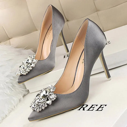 CINESSD Silver Gray Black Women Bridal Wedding Shoes Faux Silk Satin Rhinestone Crystal Shallow Woman Pumps Stiletto High Heel heels_stiletto