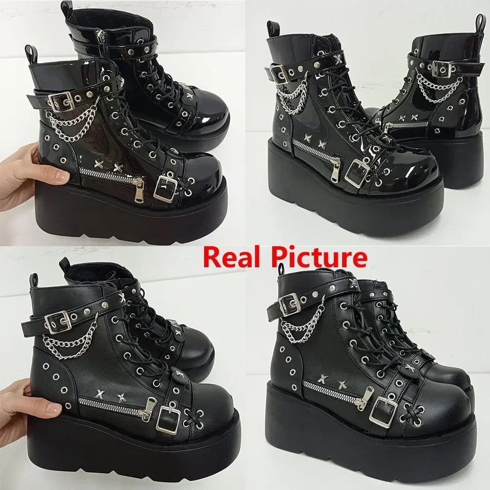 New Gothic Style Platform Vampire Cosplay Women Mid-calf Boots 2024 Winter Wedges Comfy Women Motorcycle Boots Shoes boots_platform