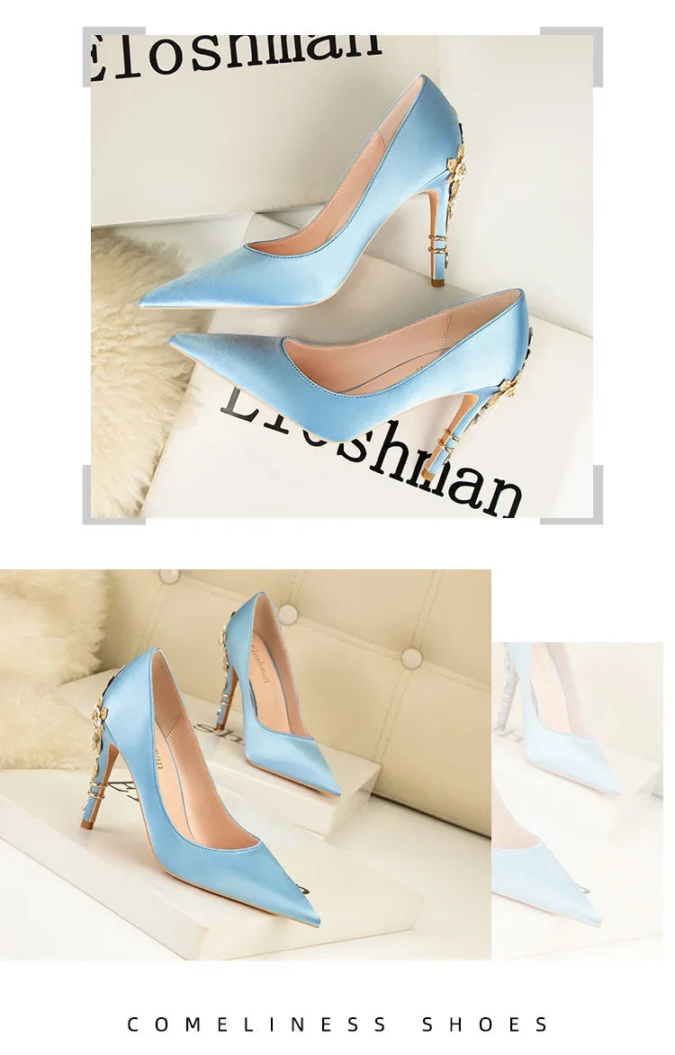 Women's Metal Flowers Stiletto High-heel Shoes Female  Light Luxury Sexy Fashion Wedding Shoes Pointed Toe Satin Single Shoes heels_stiletto