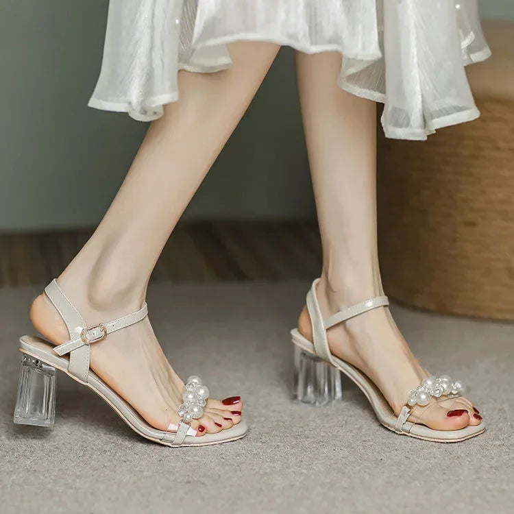 Sexy high-heeled sandals women's summer fashion, pearl accessories, open-toe sandals solid-color outdoor casual high heels