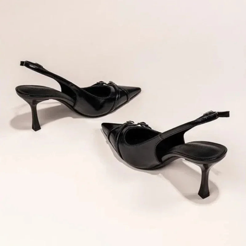 Fashionable Pointed Toe Shallow Mouth New High-heeled Shoes Summer Elegant Buckle Decorated Stiletto Black Women's Shoes Pumps heels_stiletto