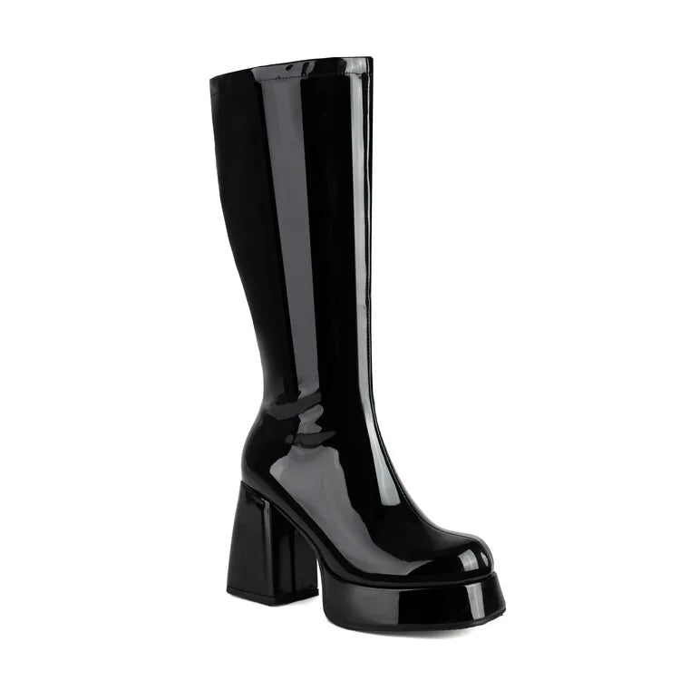 NASBAVI Glossy Patent Leather Upper Square Toe Super Thick Heel Plush Lining Women's Knee Boots Platform Side Zipper Boots 35-48 boots_platform