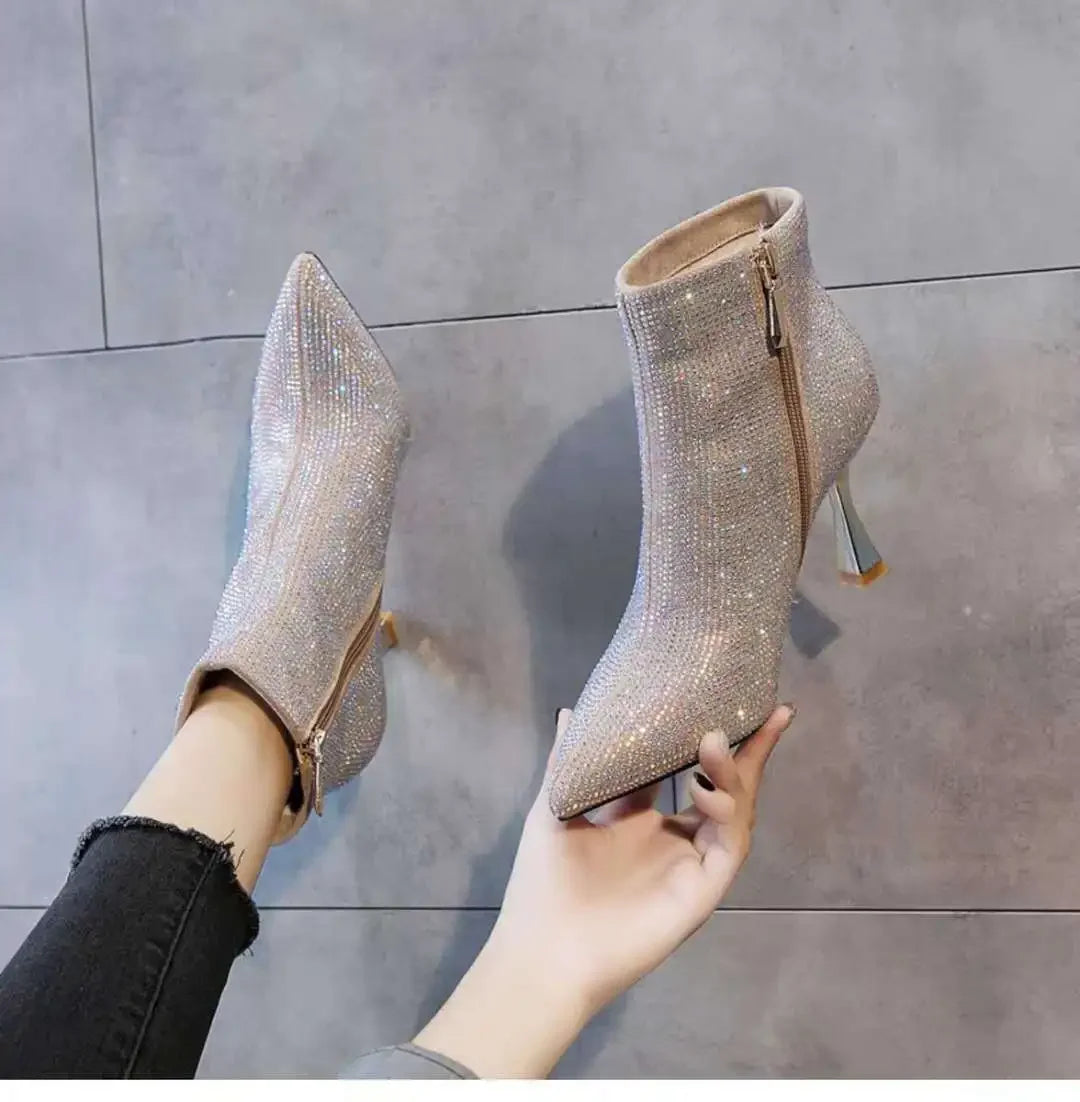 2025 Fashion Women Shiny High Heel Booties Female High-Heeled Boots Young Ladies Booties Heel Cloth Boots Black Botas De Mujer boots_highheel