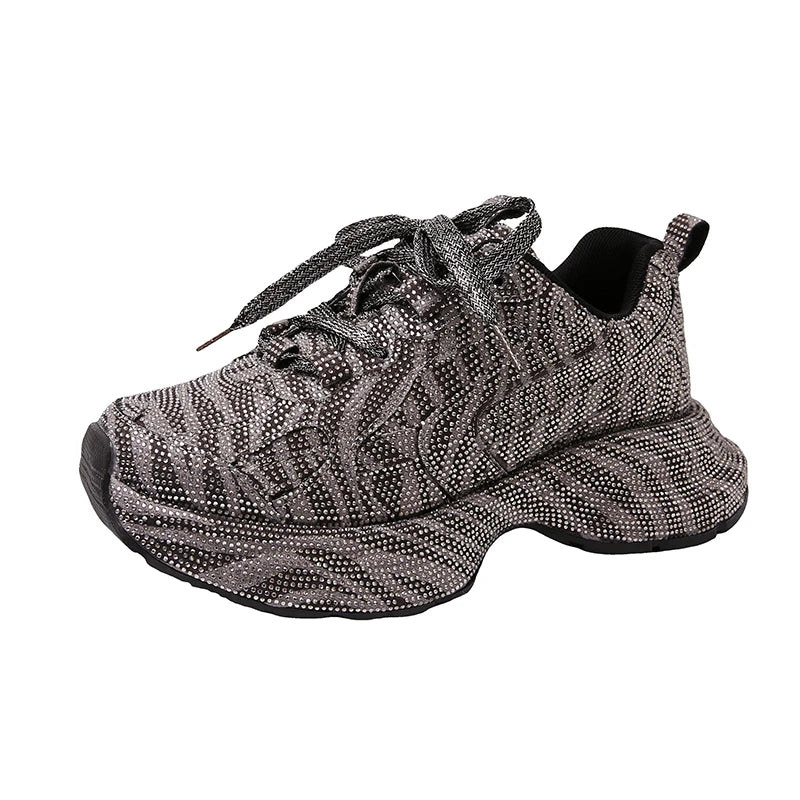 Women Sneakers Spring Lace-Up High Heel Platform Lace Up Silver Crystal Casual Working Shoes Wearing night running shoes outside sneakers_platform