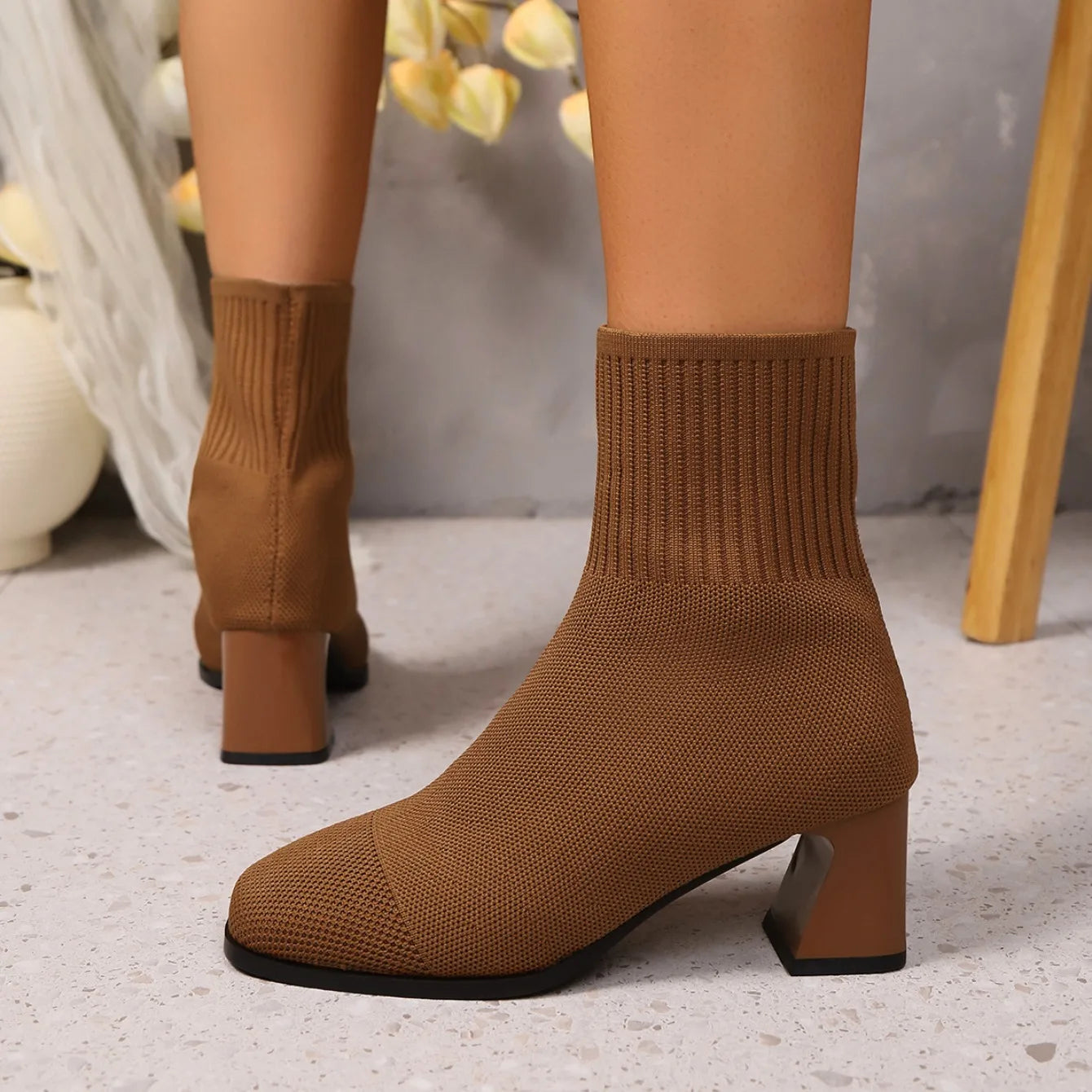 Women Boots Pointed Toe Slip on Mid-Calf Boots Spring Autumn Knitted Socks Boots Women High Heels Plus Size Fashion Shoes Women boots_highheel