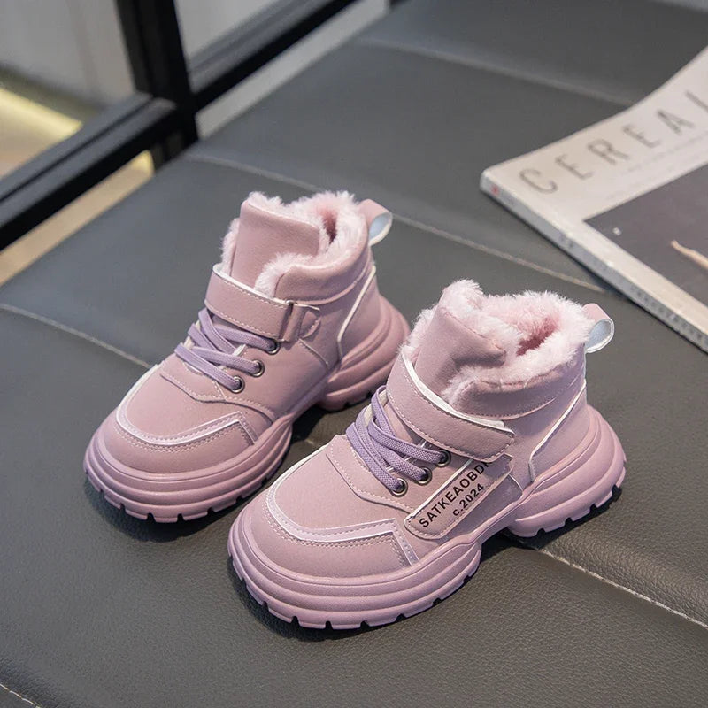 Boys Girls Sports Boots with Fur 2024 New Fashion Kids Ankle Boots Warm for Winter Sweet Students Short Boots Non-slip Soft Sole kids_shoes