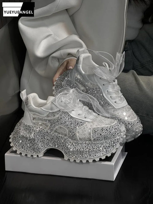 Leisure Sneakers Lace Up Breathable Platform Women Pumps High Heel Round Toe Solid Color Daily Diamonds Bowknot Comfortable sneakers_platform