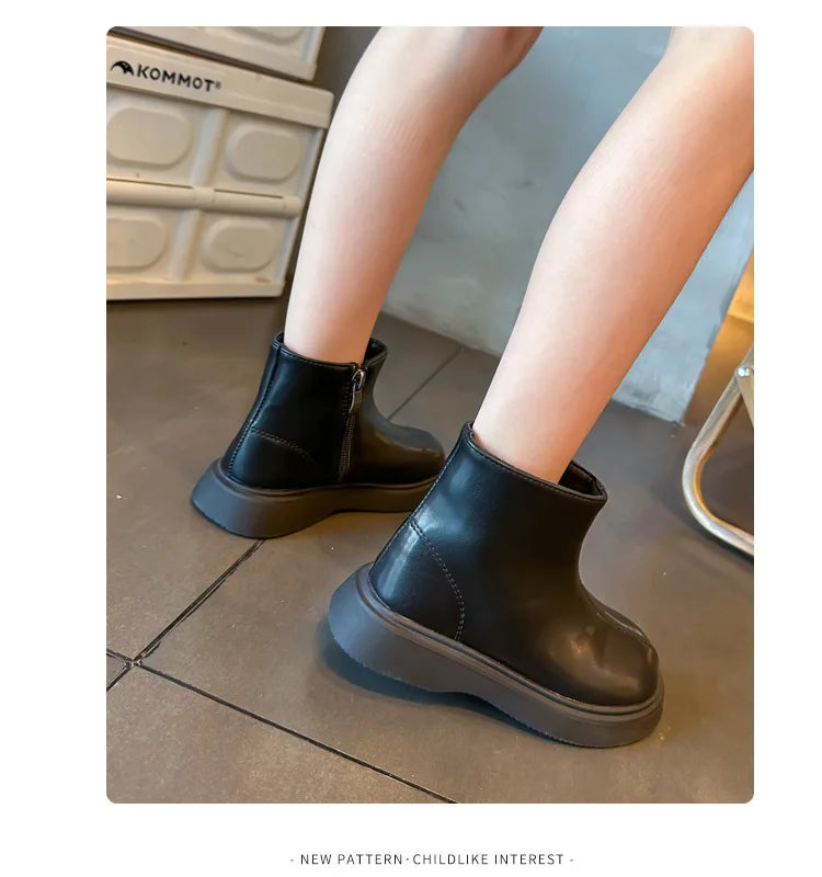 Autumn Winter Children's Boots Fashion Simple Style Girl's Ankle Boot Causal Versatile Black Kid Short Leather Boots Side Zipper kids_shoes