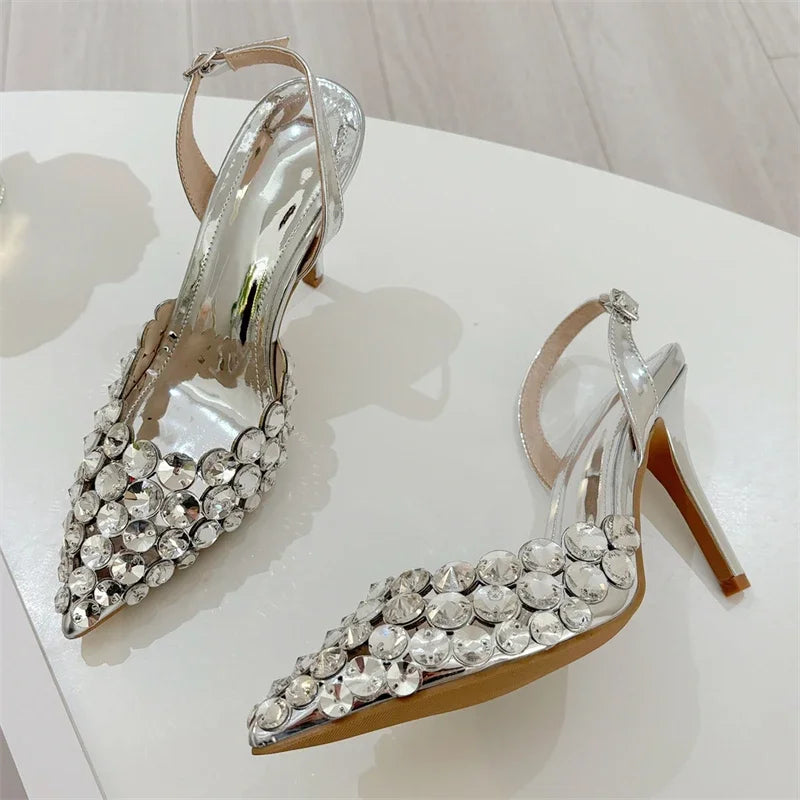 Aneikeh Fashion Stiletto Pumps Summer Silvery Rhinestone Hollow Strap High-heeled Sandals Women Wedding Banquet Shoes heels_stiletto