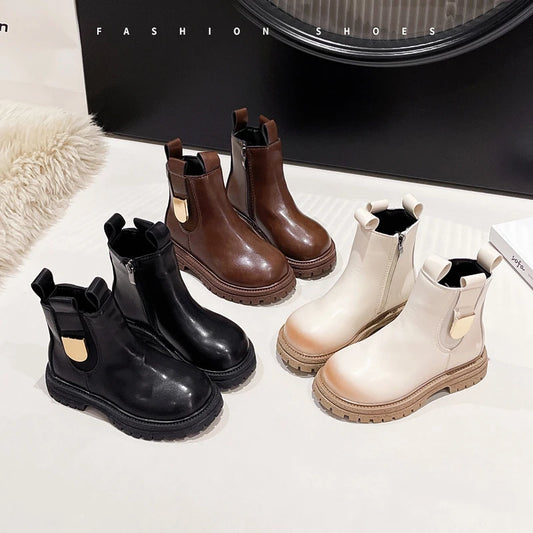 Children Leather Boots Round Toes Versatile Kids Short Boots Korean Style 2025 Autumn New Girls Ankle Boots Soft Bottom Non-slip