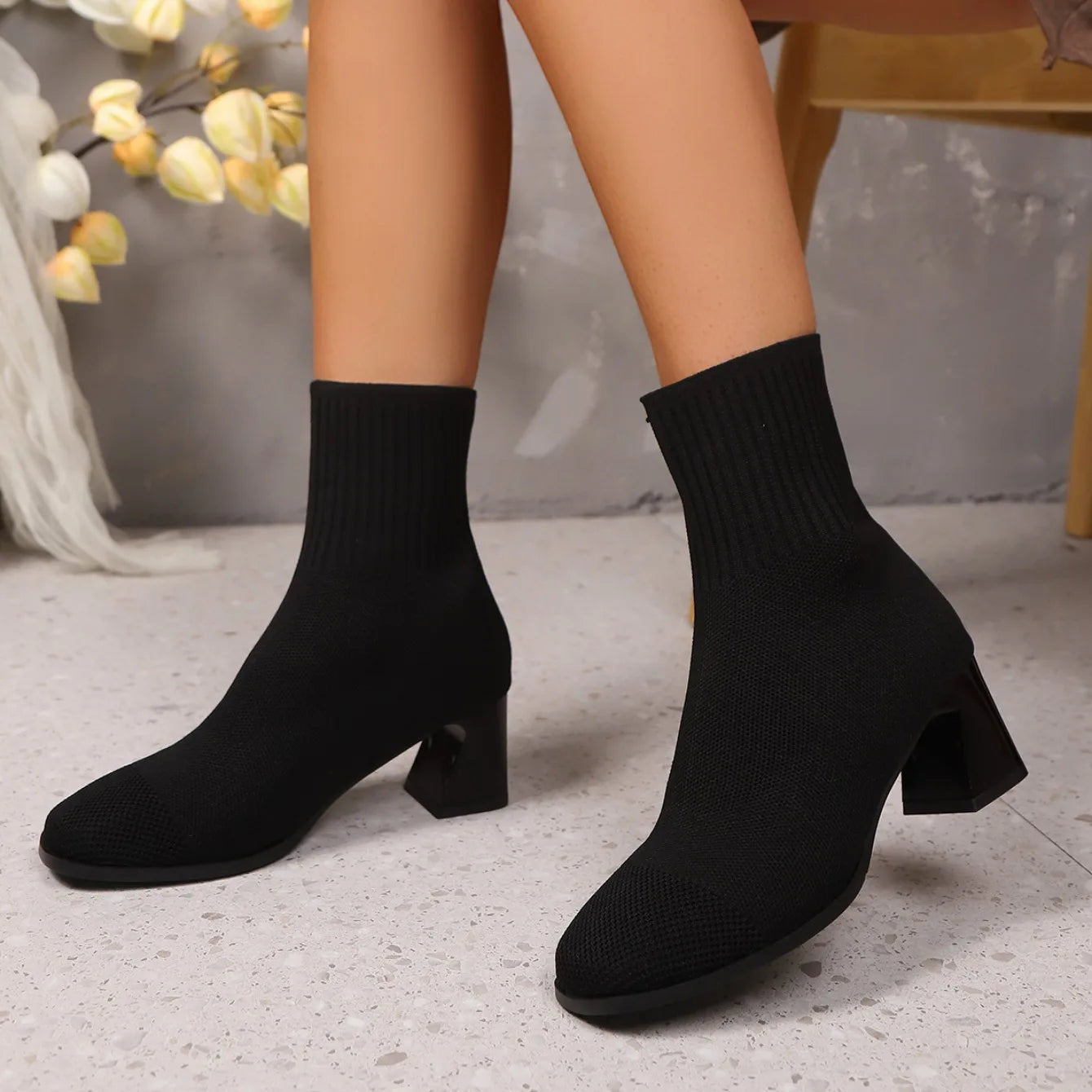 Women Boots Pointed Toe Slip on Mid-Calf Boots Spring Autumn Knitted Socks Boots Women High Heels Plus Size Fashion Shoes Women boots_highheel