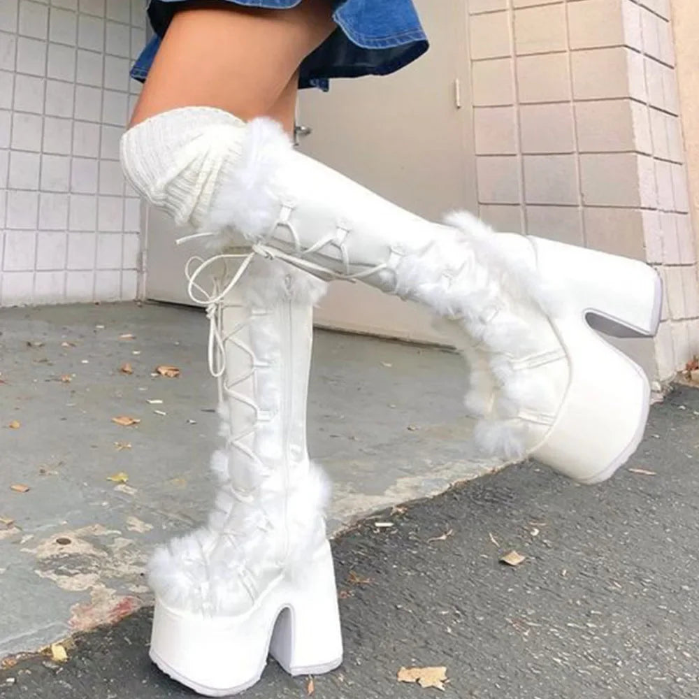 2024 Winter Big Size 43 y2k White Punk Style Women's Faux Fur Chunky Platform Boots Gothic Black Block High Heels Shoes boots_platform