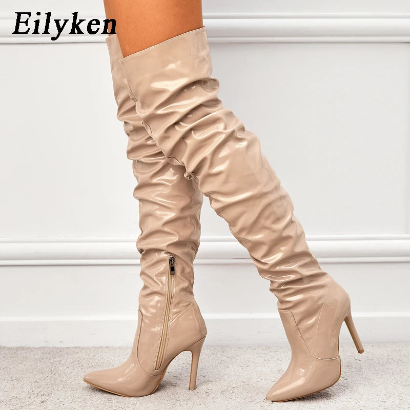 Eilyken Red Women Over The Knee Boots High Heels Patent Leather Solid Pointed Toe Stiletto Side Zipper Sapatos Femininos boots_highheel