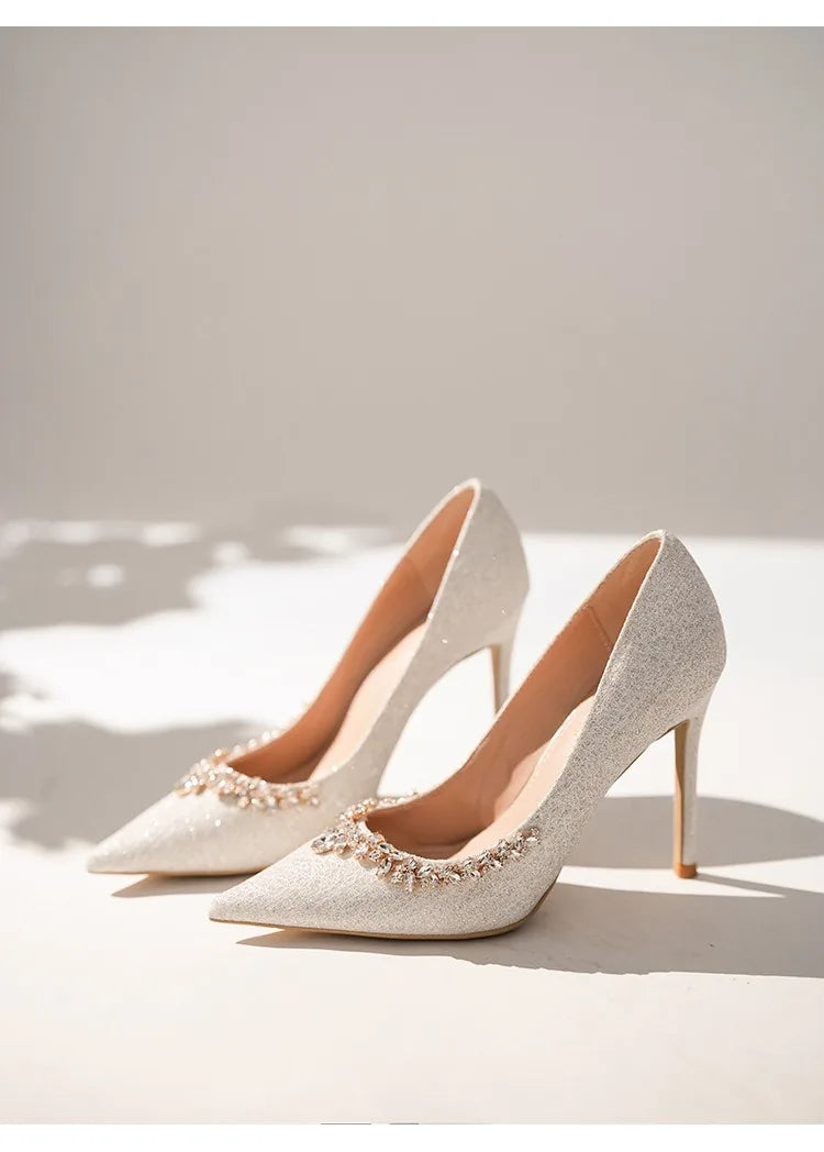 2025 New French Stiletto Heels Pointy Head Shallow Mouth Shoes Rhinodiamond-Edged Korean Version White Crystal Wedding Pumps heels_stiletto