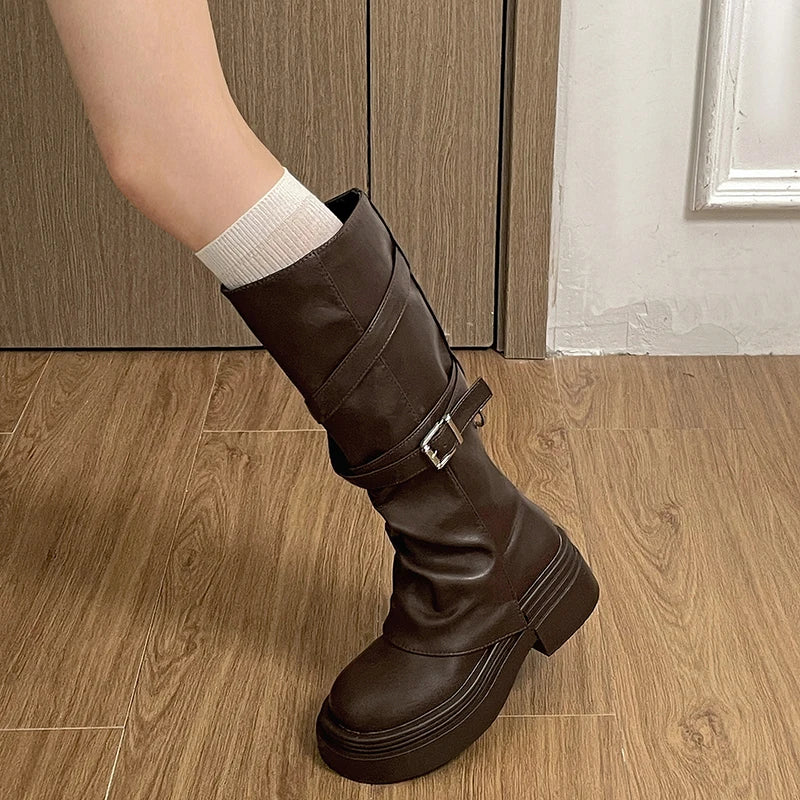Vintage Thick Heel Women Knight Long Boots Fashion Slip On Knee High Booties Autumn Winter Shoes Zapatos De Mujer boots_platform