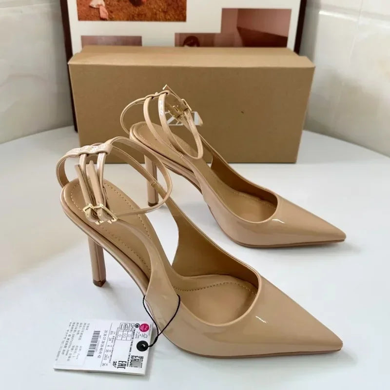 Nude Patent Leather Ankle Strap Buckle Women Pumps Sexy Pointed Toe Stiletto Heels Summer Stiletto Heels Party Shoes Sandalias heels_stiletto